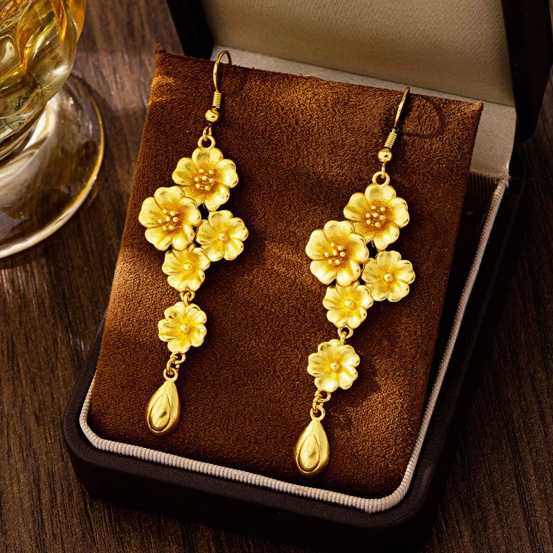 

Cynlo Jewelry Luxury 24K 9999 Pure Gold real gold Women's Flower Drops Tassel Ear Hook Earrings