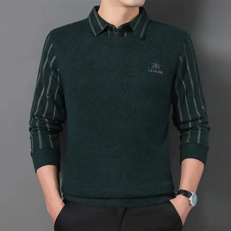 

2023 New Men's Clothing Autumn Winter Long Sleeve Turn-down Collar Printing Stripe Polo Shirt Casual Fashion Business Tops