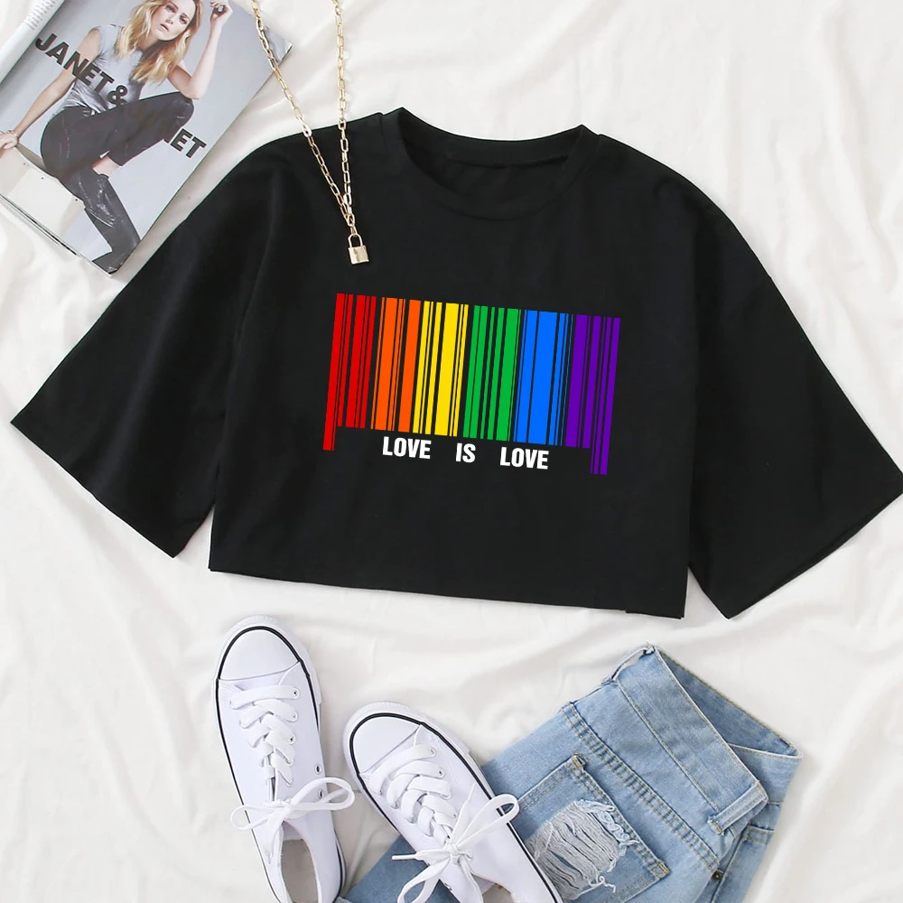 

LGBT Pride Month Love Is Love Barcode Style Girls O-Neck Casual Women Crop Shirts