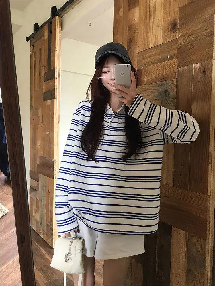 Spring Autumn Thin Fashionable Shoulder Neck Top Casual Stripe Women's T-shirt Cotton Polyester Blend Long Sleeve