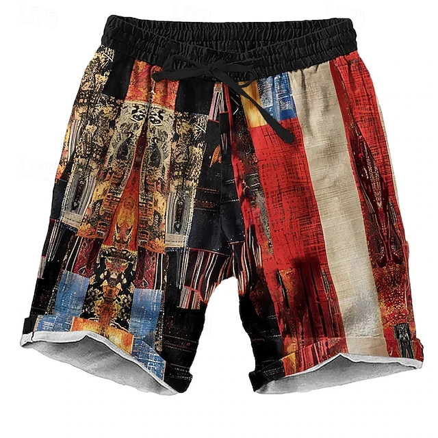 

Vintage Men's Ethnic Patchwork Casual Shorts Brown 3D Print Casual Summer Beach Lightweight Sports Trunks Sports Shorts