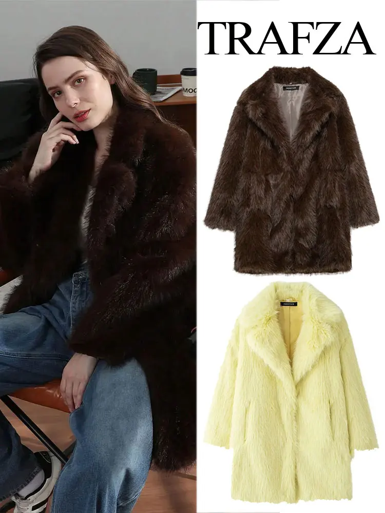 

TRAFZA 2025 Women's Winter Faux Leather Effect Jacket Plush Lapel Long Sleeve Commuting Streetwear Women's Loose Warm Jacket Y2K