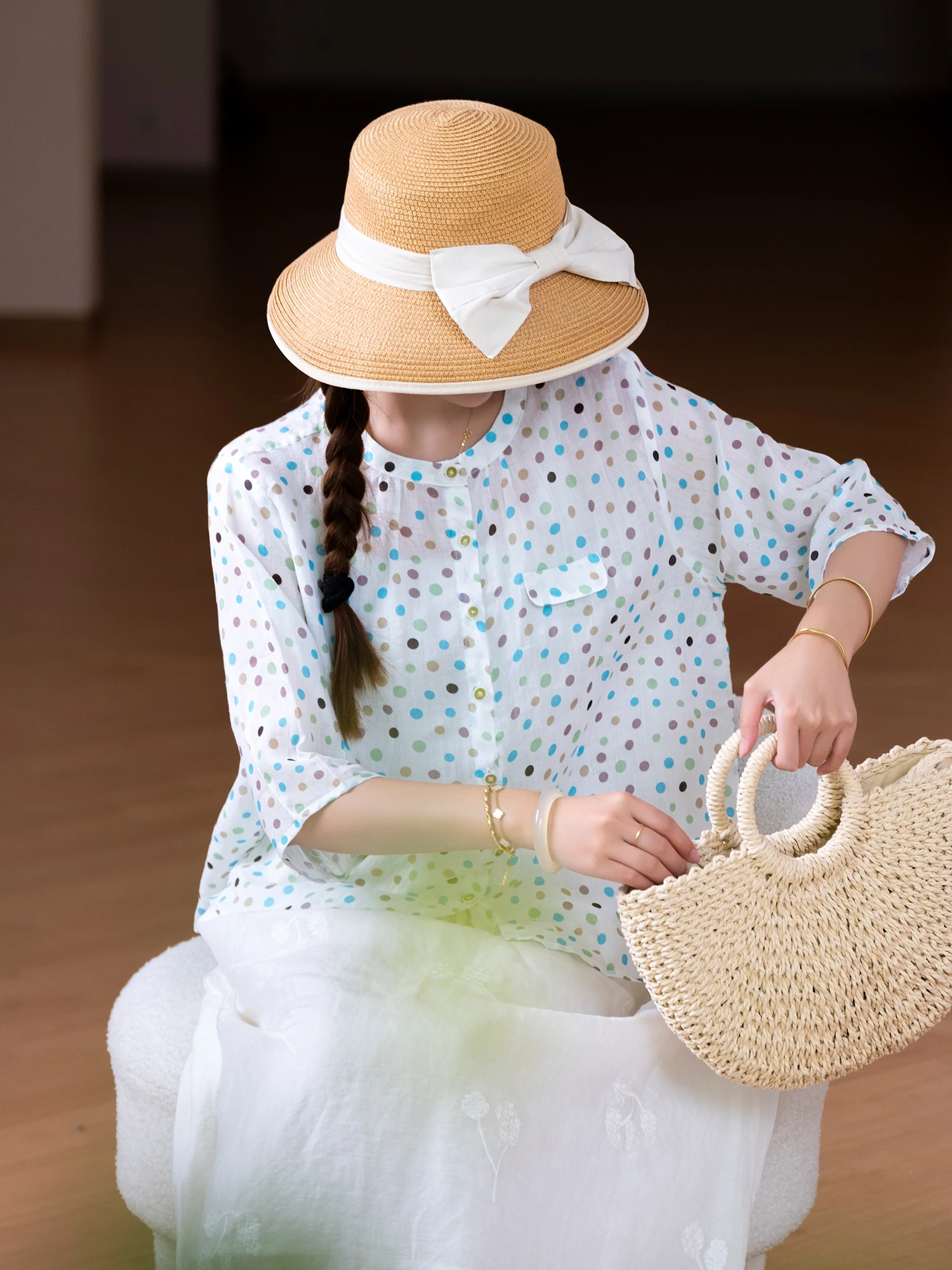 

Приятный для кожи дышащий свободный све Seven-quarter Sve Small irt Rainbow Rain с принтом на теле в горошек из тонкого льна