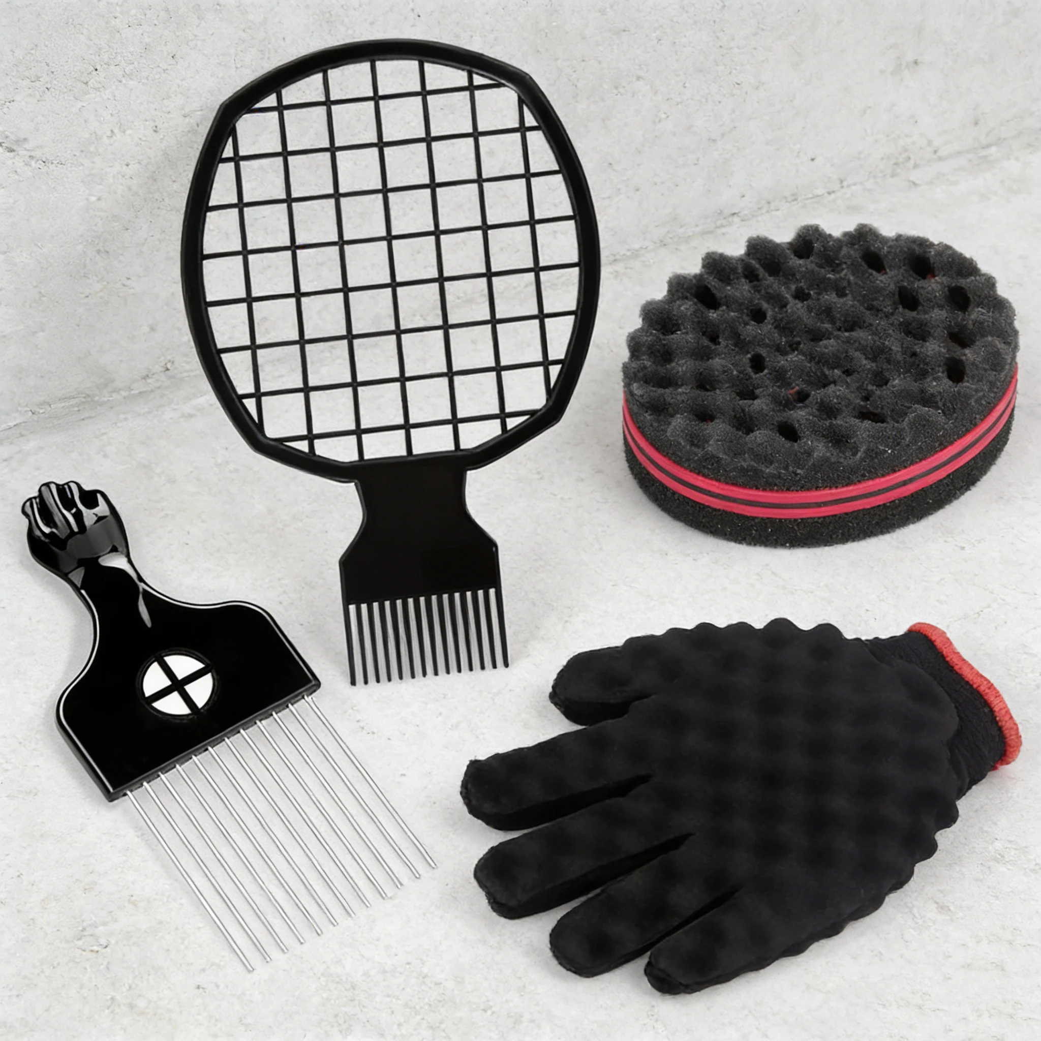 

4-piece comb styling set with sponge curling brush, styling curling comb, and sponge gloves, special for real hair wigs