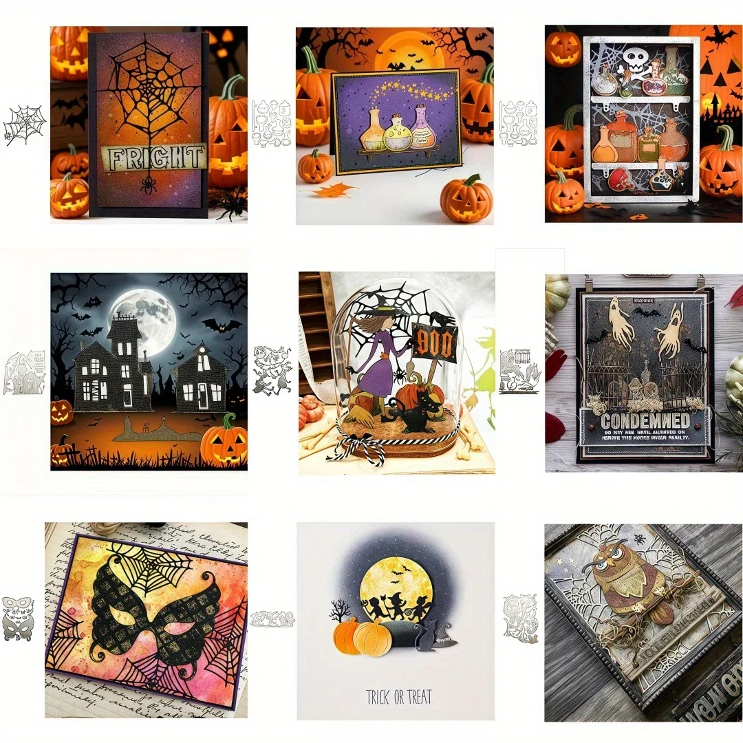 2025 Eule Geisterburg Hexe Reagenzglas Metall-Stanzformen für Halloween-Maske, Spinnennetz, Sammelalbum, Kartenherstellung, Schablonen