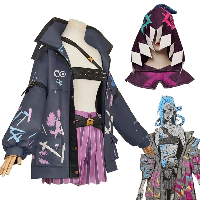 Jaket Kostum Cosplay Game LoL Jinx Arcane TV 2 Pakaian Penyamaran Topi Wig Mantel Kemeja Sabuk Dada Set Lengkap Setelan Wanita Halloween