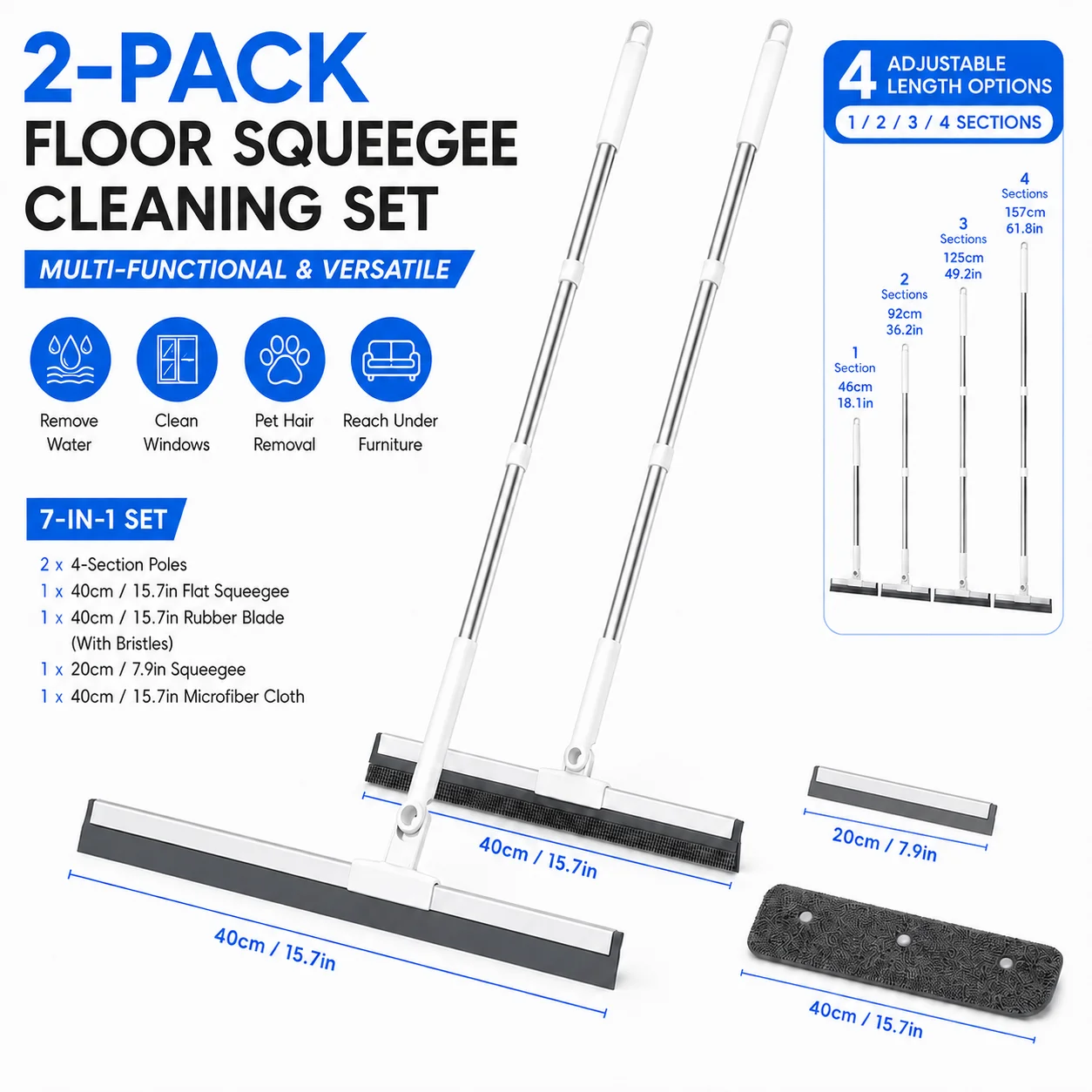 Joybos 2-Pack Floor Squeegee Cleaning Set, 7-in-1 Multi-Surface Rubber Broom with 4-Section Adjustable Handles, Dual-Sided Bristle & Squeegee Blades for Wet/Dry Floors, Windows, Pet Hair, Bathroom, Garage & Patio