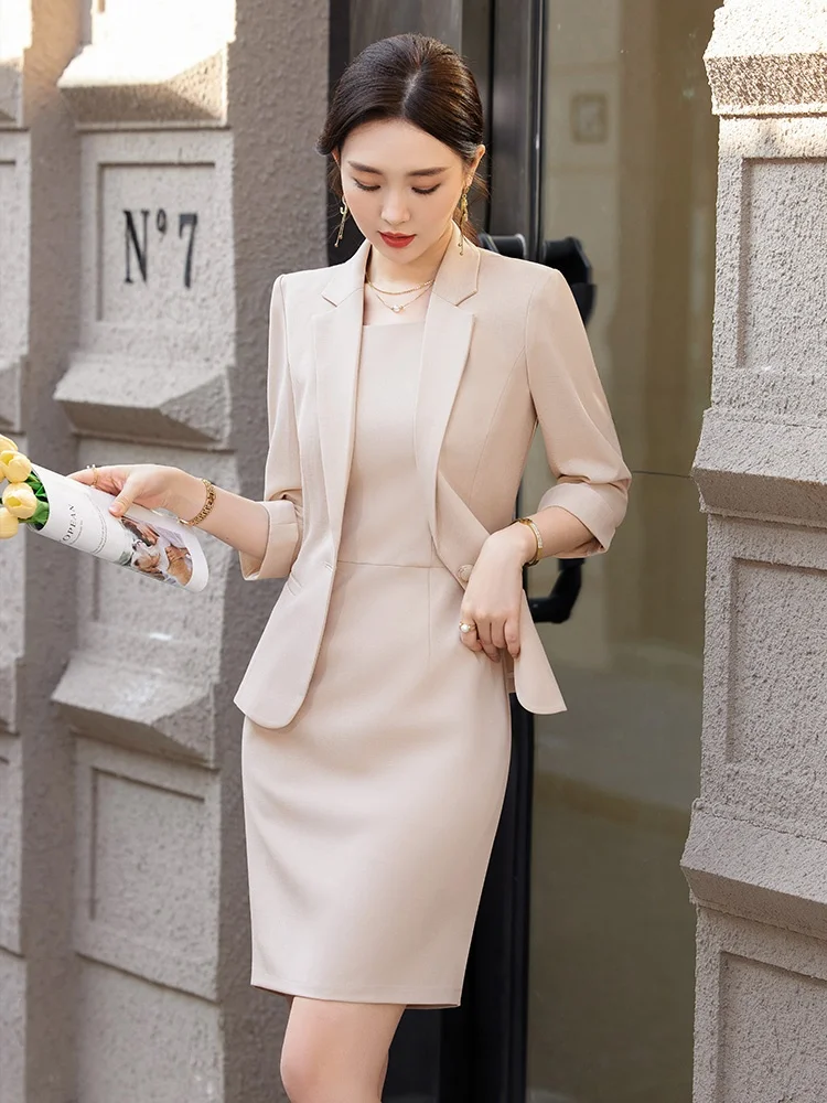 Women's Casual Versatile Thin-Material Midi Dress with Sleeveless Small Suit Jacket for Spring Summer Commute Style Pure Color