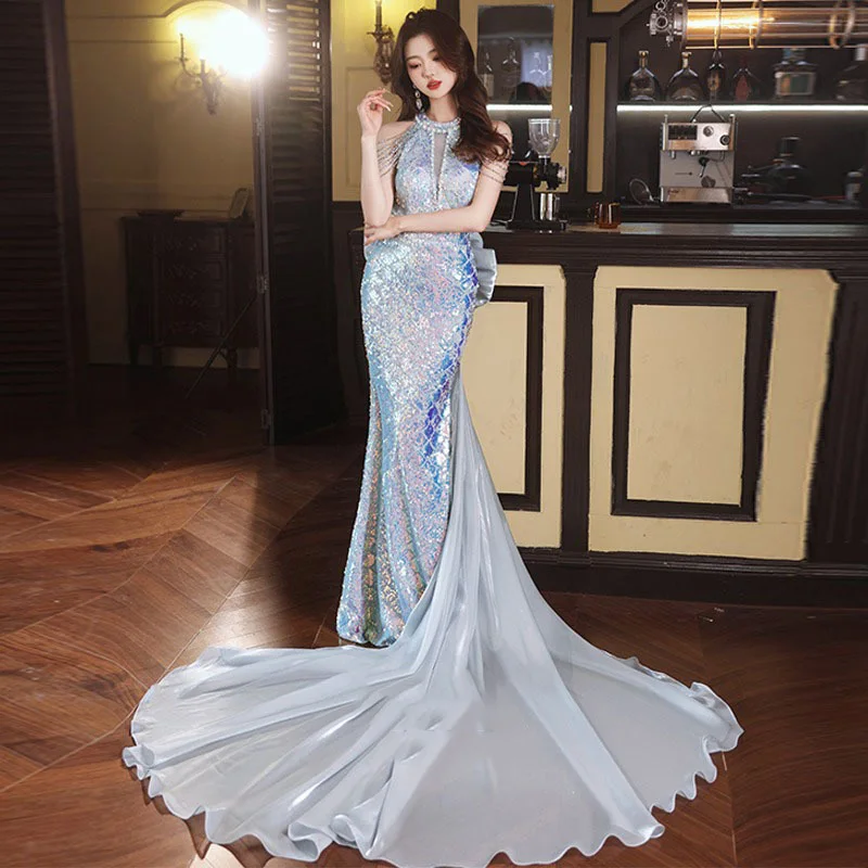 

Starry Sky Halter Mermaid Evening Dress Women Beading Sequin Big Bow Shiny Blingbling Wedding Dresses Exquisite Prom Gown