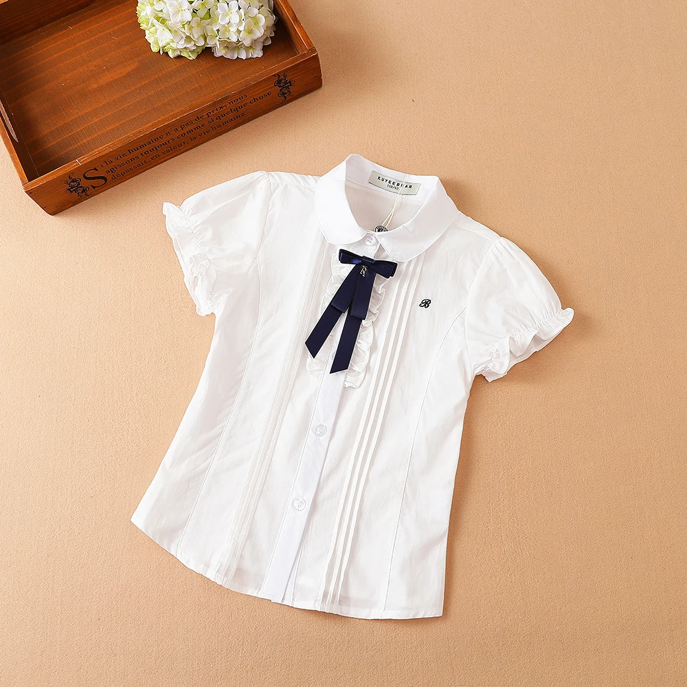 Girls Blouse Shirts Summer Short Sleeve Cotton Lovely Bow Causal White Tops For 10-12 Years Children Clothes