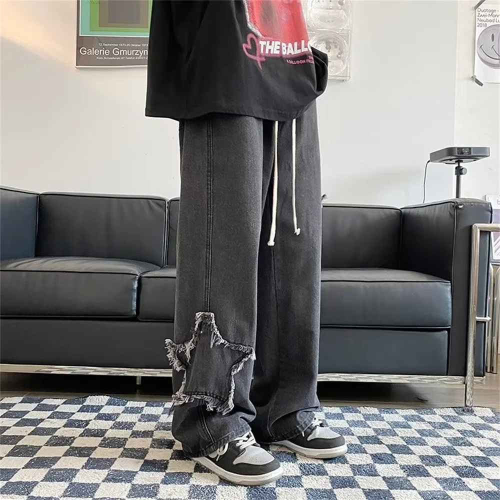 High Street Star Embroidered Jeans Men Retro Washed Patch Loose Wide Leg Pants American Casual Loose Straight Y2K Pants