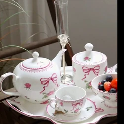 Ceramic Tableware Set Retro Rose Bone China Coffee Cup Saucer Dessert Plate Bowl Teapot Pink Bow Elegant Afternoon Tea Set