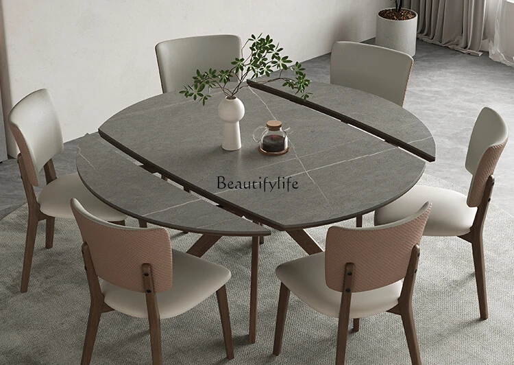 

Nordic solid wood rock slab dining table small household multi-functional telescopic round