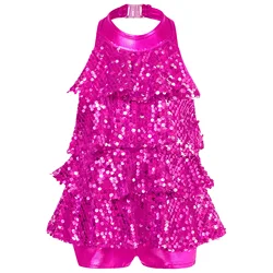 Kids Girls Sequins Modern Jazz Latin Ballet Dance Costume Halter Shiny Stage Performance Ballet Dance Shorty Unitard Dress