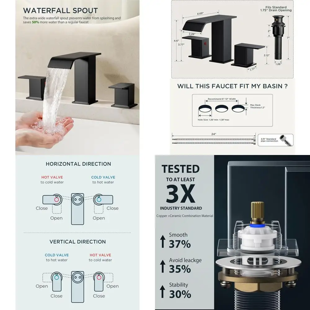 

8 Matte Black 3-Hole Widespread Faucet with Pop-Up Drain for Bathroom Sinks and Vanities