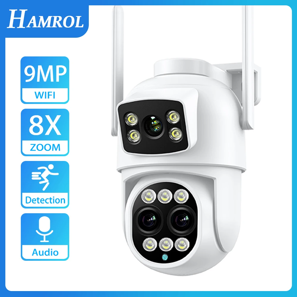 HAMROL HD 9MP PTZ IP Camera Three Lens 8X Zoom H.265 Home Security ICSEE Motion Detection Outdoor 6MP CCTV Surveillance