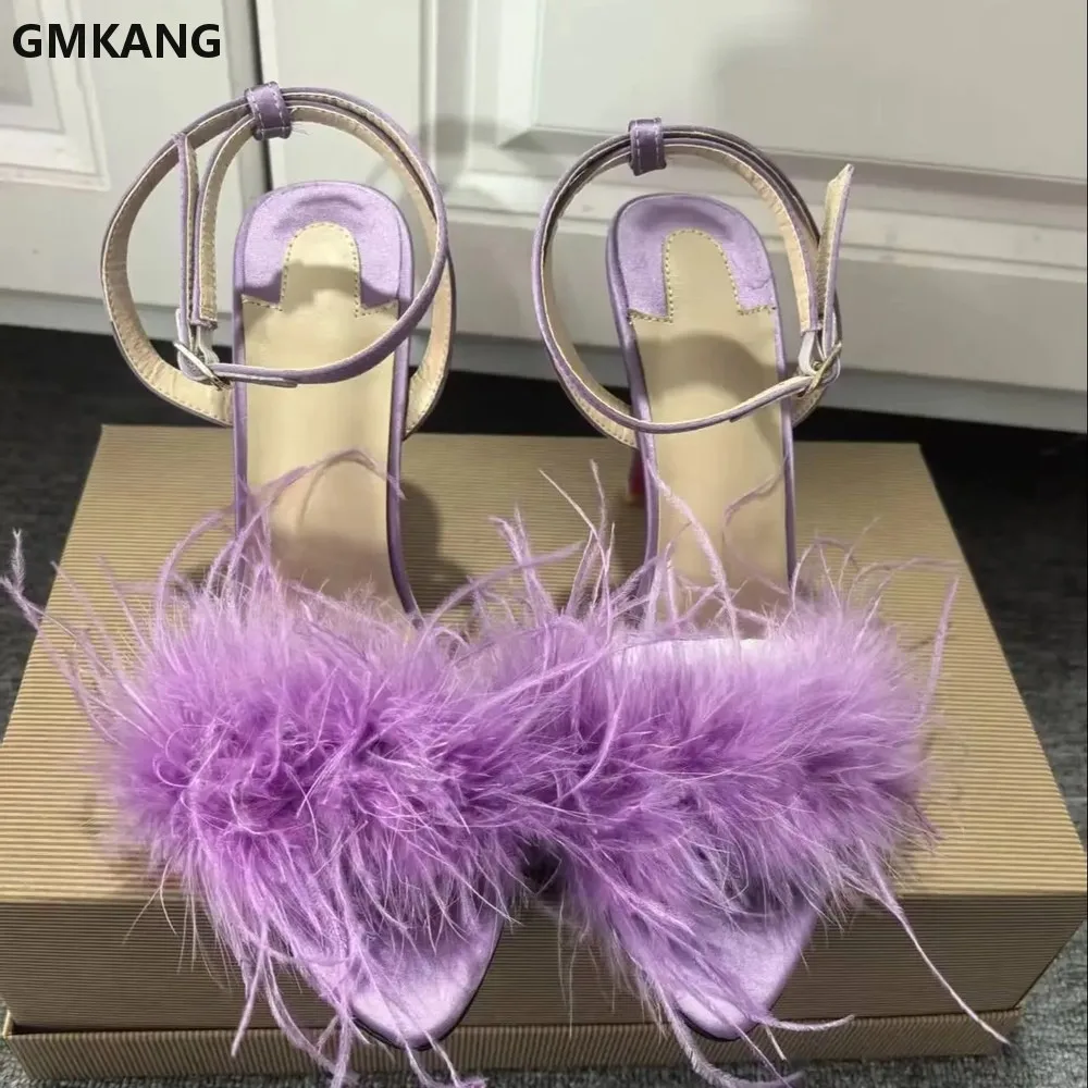 GMKANG Women's Furry Sandals Peep Toe High Heels Buckle Strap Red Sole Slippers Glamorous Feather Trim Comfortable view 3