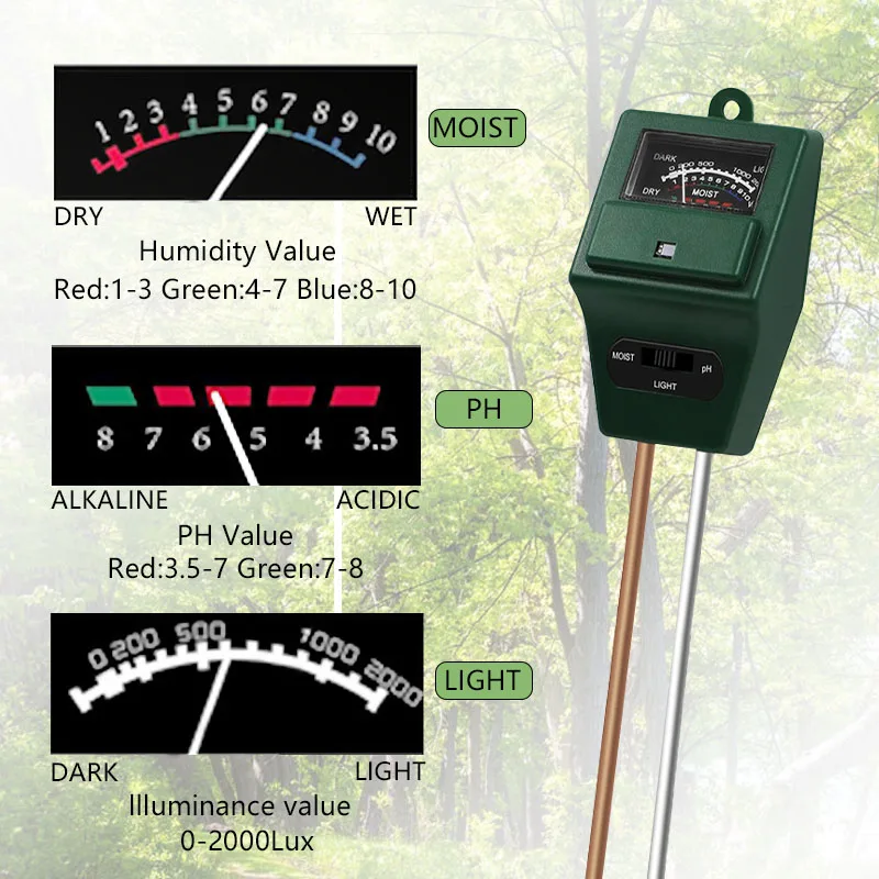 3 IN 1 Plant Flowers Soil PH Tester Moisture Measuring humidity Light Meter Hydroponics Analyzer Gardening Detector Hygrometer