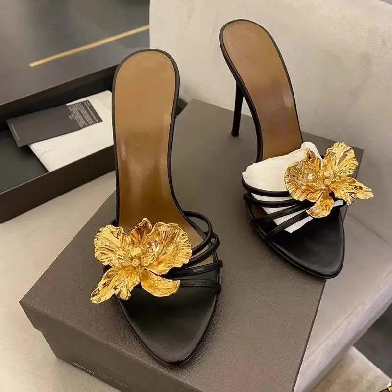 

2026 Women Black Gold Genuine Leather Gold Metal Flower Open Toe Shallow Slip on Stiletto Heel Slide Slippers Sandals，Fashion