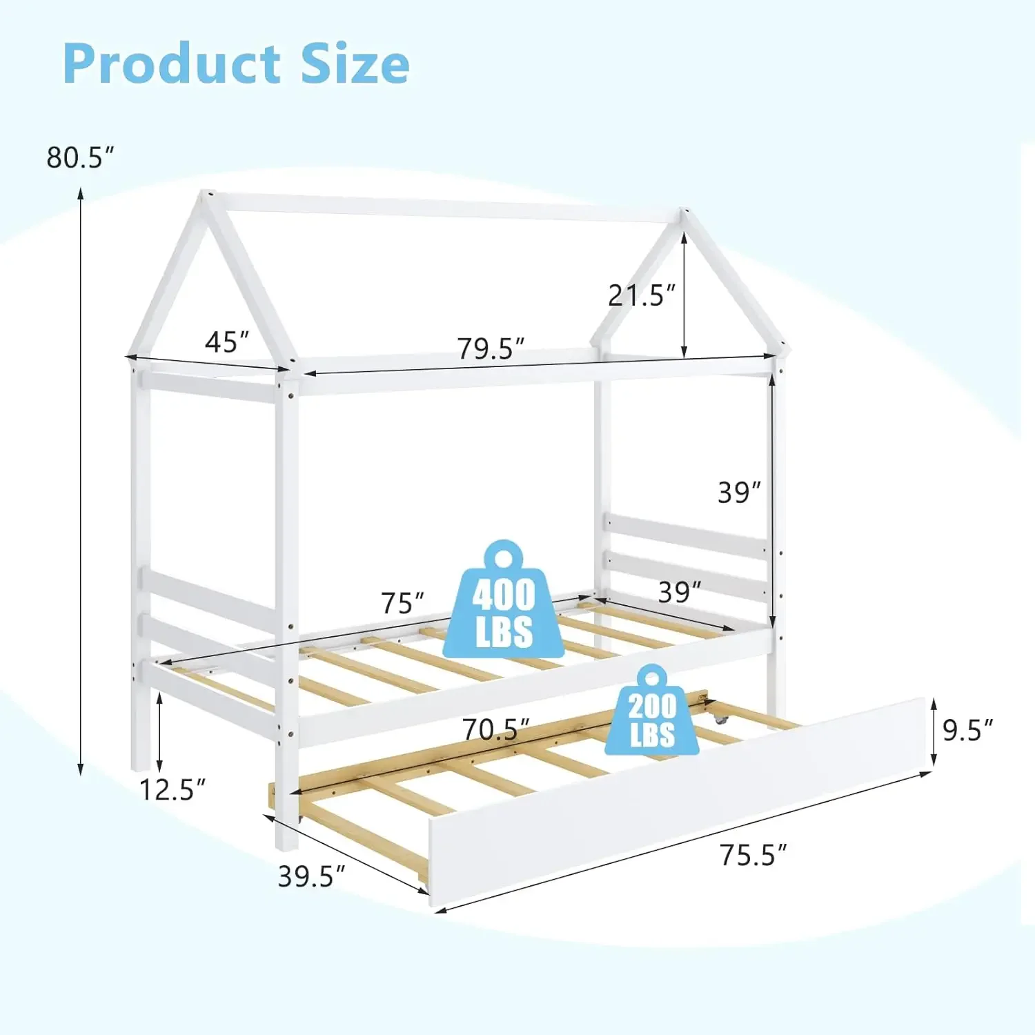 Cama de casa con nido, sofá cama doble de madera maciza para niñas y niños, marco de cama con plataforma para niños con techo para dormitorio, sin caja Spri