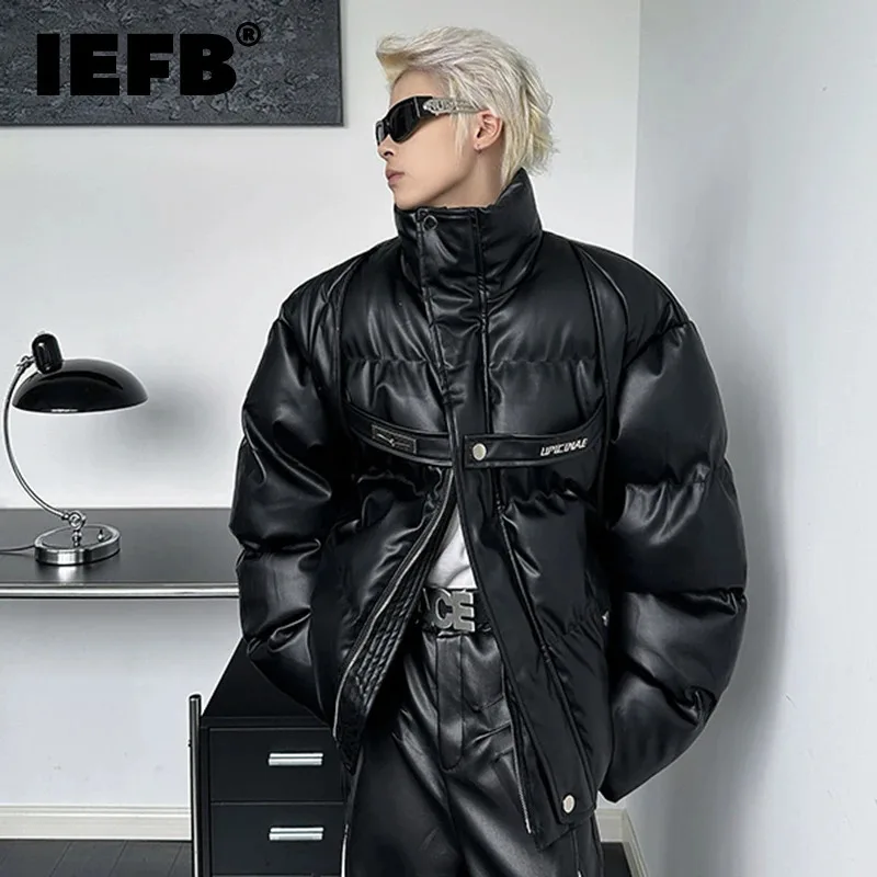 IEFB Winter Male Parka Niche Deconstruction PU Leather Thick Men's Cotton Coat Metal Strap Design High Street New Trendy 9C9253