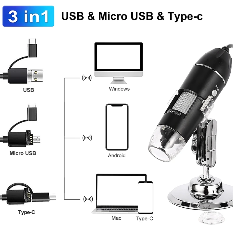 Fotocamera per microscopio digitale 1600X 3in 1 con supporto microscopio elettronico portatile per saldatura lente d\'ingrandimento a LED Type-C USB