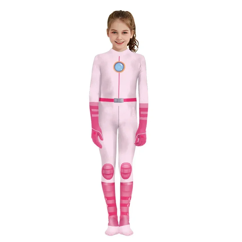 Kids Princess Peach Cosplay Jumpsuit Rosalina Bodysuit Costume Daisy Catsuit Halloween Party Girls Zentai Suit MN3