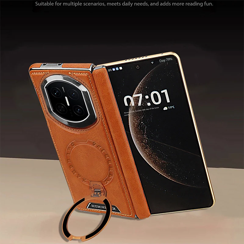 Magnetic Rotating Metal Bracket Leather Phone Case,For Huawei Mate X7 Mate X6 Mate X5 Wireless Charging Protective Case