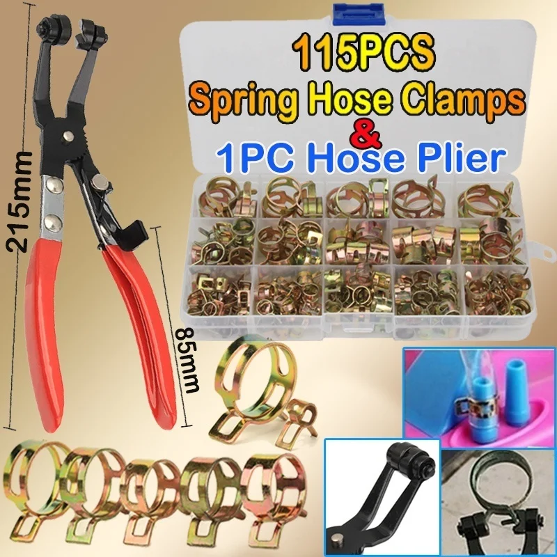 

115PCS 6-22mm Car & Truck Spring Clips Fuel Oil Water Hose Clip Pipe Tube Clamp Fastener + 1PC Hose Clamp Pliers