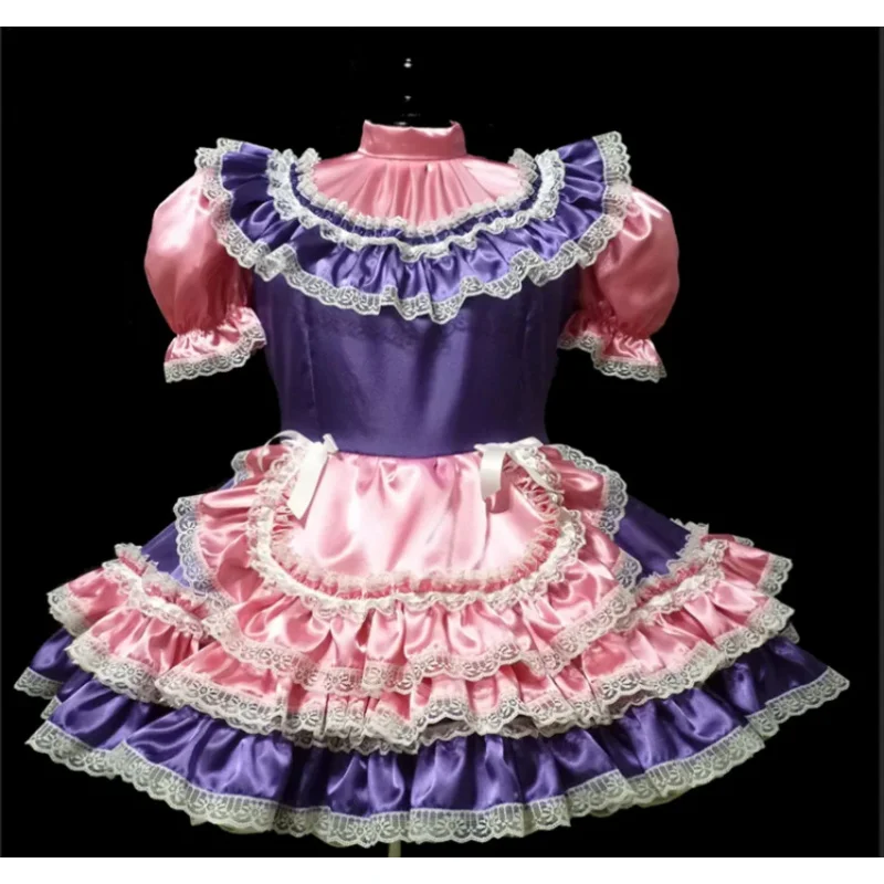 French Hot Selling Sissy Adult Pink Satin Splice Purple Mid Neck Lace Lace Embedding Sexy Bowtie Maid Dress Role Playing Customi