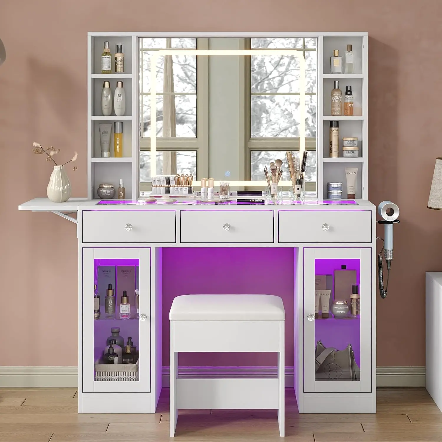 Makeup Vanity with LED Mirror, RGB Lighted Vanity Desk with Charging Station, 3 Drawers & 2 Glass Cabinets, Fold-up Panel
