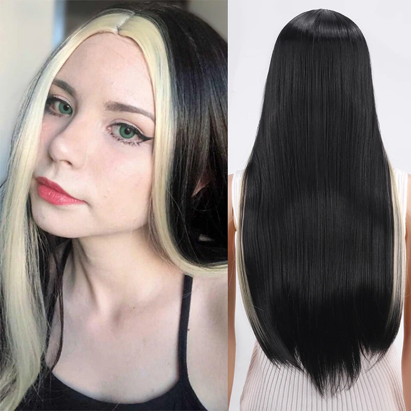 

Black long straight hair wig, women's hair set with contrasting colors, dyed head cover Synthetic fiber wig