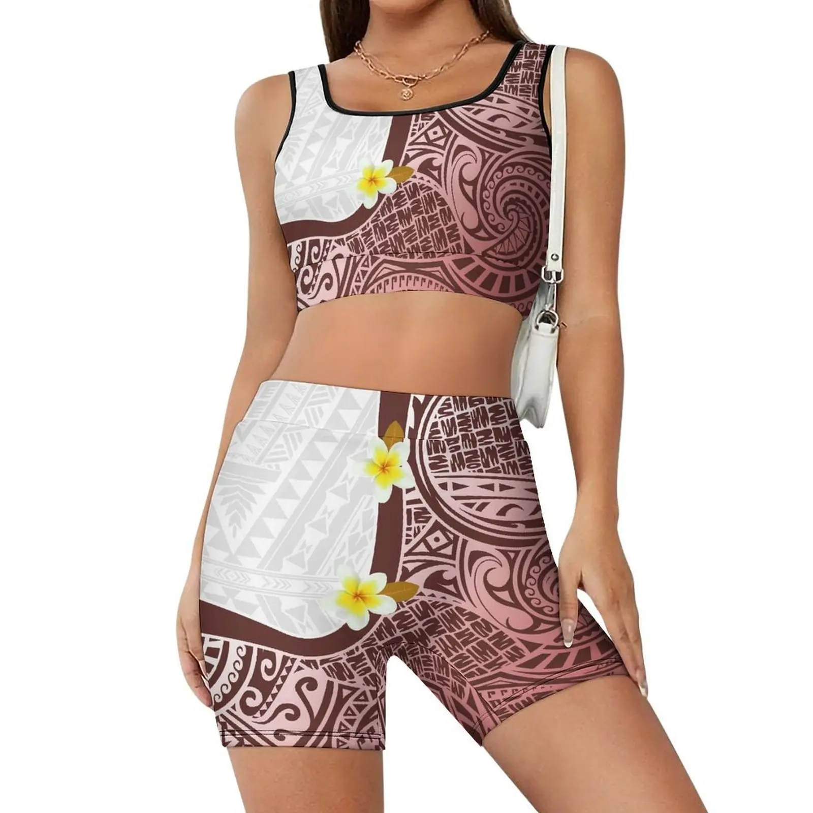 Sleeveless Two-Piece Yoga Exercise Set Polynesian Print Elegant Set Customizable Pattern Yoga Set