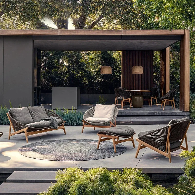 

qw Leisure Solid Wood Rattan Sofa Outdoor Single Villa Courtyard Furniture Garden Balcony Waterproof Sunscreen Combination%