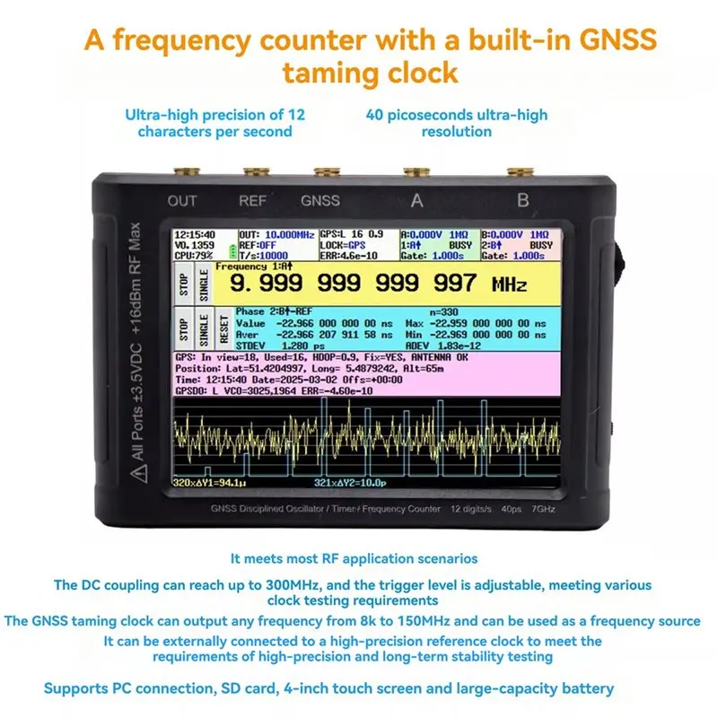 AB66-ZC407 Frequency Counter 0.1Hz-7Ghz Built-In GPSDO 12Bit High Precision 40Ps With 4Inch Touchscreen
