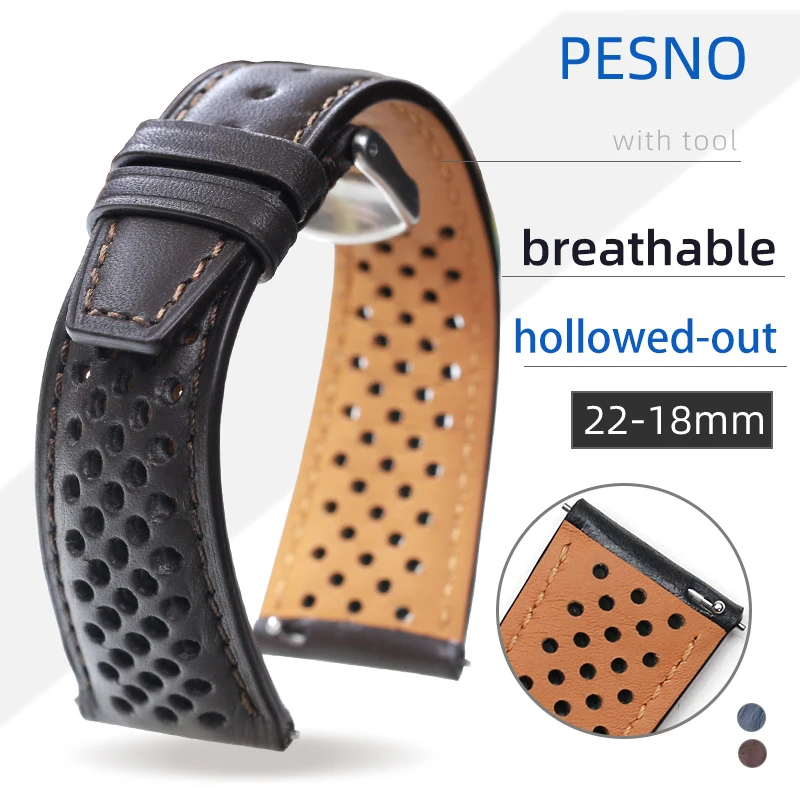 PESNO Genuine Calf Skin Leather Watch Bands Cow Hide Smooth Grain Hollowed-out Breathable Men Watch Accessories Straps 22mm