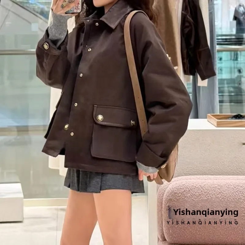   S Home Herfst 2025 Faion ort Leren Jaet met katoenen klepkraag in Dimuer Sle losse damesjas