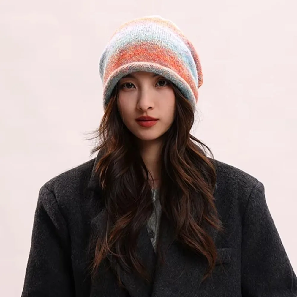 Fashion Gradient Color Knitted Stacked Hat Loose Elastic Drawstring Beanies Hat Rolled Brim Streetwear Y2K Pullover Cap Warmer