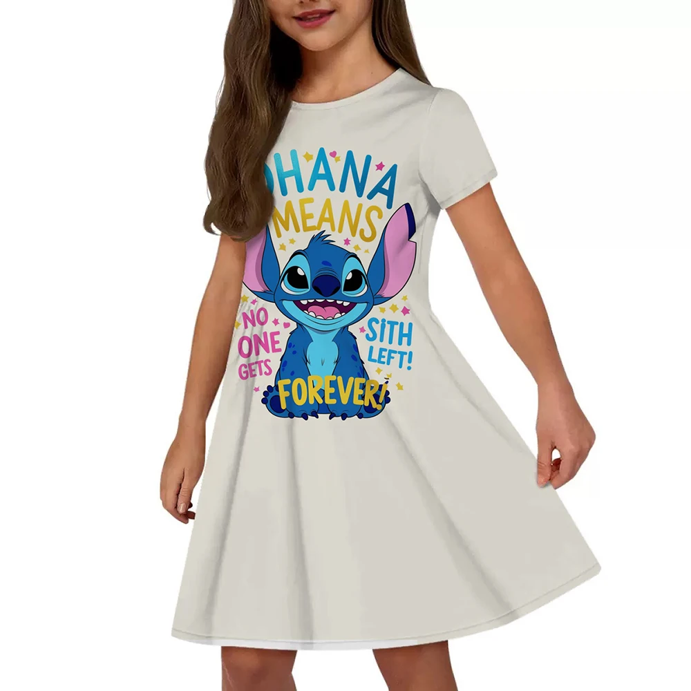 

2025 summer girl dress, Stitch series pattern printing, sweet and cute design style, girl round neck short-sleeved dress