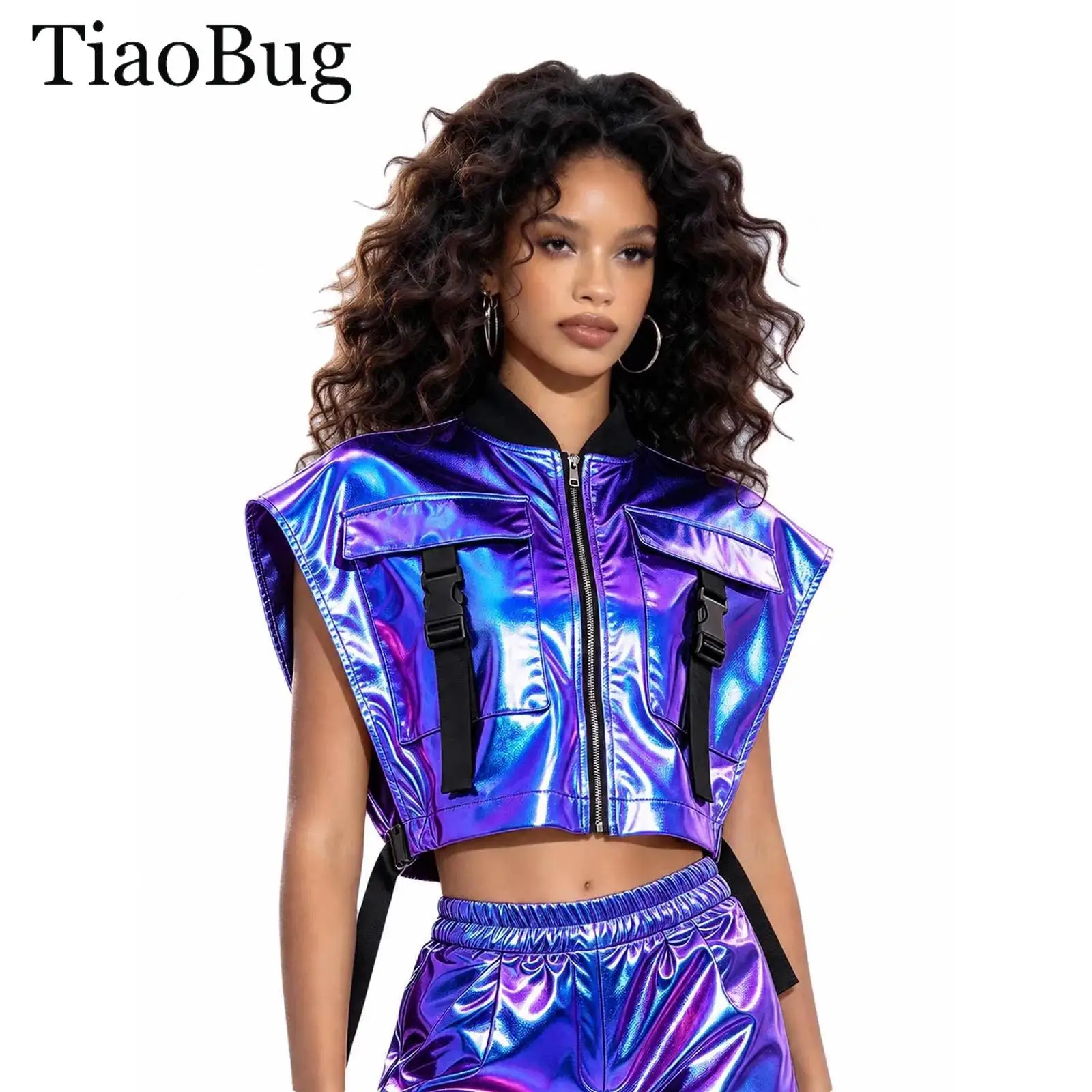 Disco Jazz Dance Waistcoat Women Sides Open Metallic Vest Sleeveless Zipper Shiny Jacket And Pockets Rave Music Festival Costume
