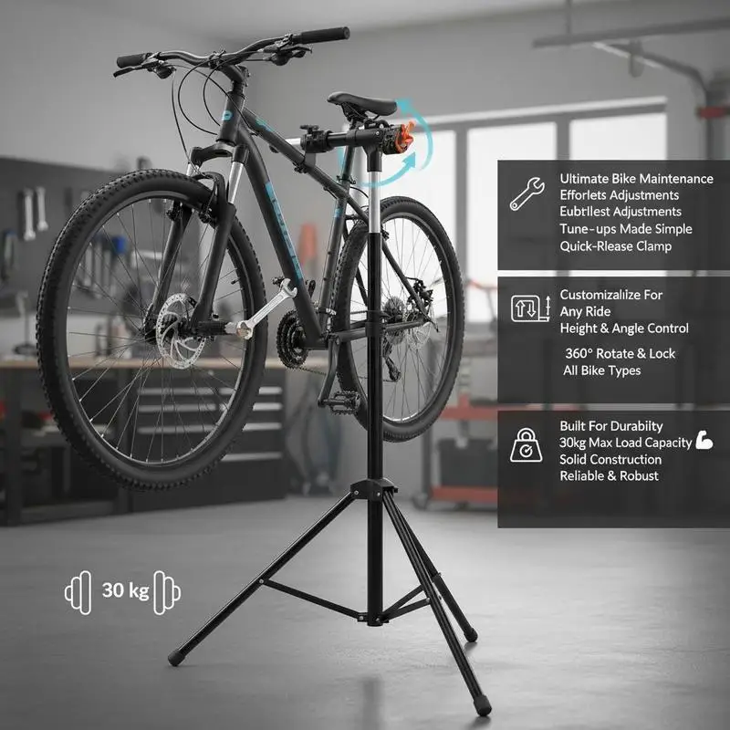 Support de réparation de vélo, support d'assemblage de vélo, support de réparation pour vélos, support d'assemblage robuste 30 kg, support de vélo réglable en hauteur de 102 à 160 cm avec rotation à 360° °   tête de serrage rotative