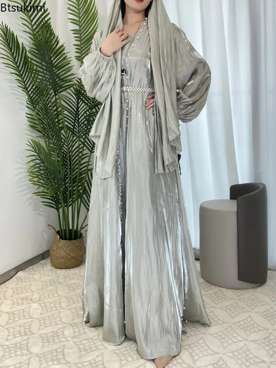 여성 Eid 이슬람 Abaya 랜턴 슬리브 화려한 파티 드레스 솔리드 진주 긴 가운 두바이 Abaya Kaftan Streamer Yarn Vestidos