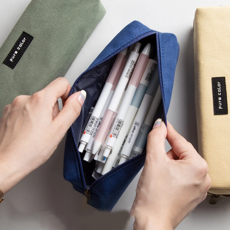 Simple Large Capacity Creative Pen Bag Fashion Solid Color Canvas Pencil Organizer Case School Supplies Stationery Gifts