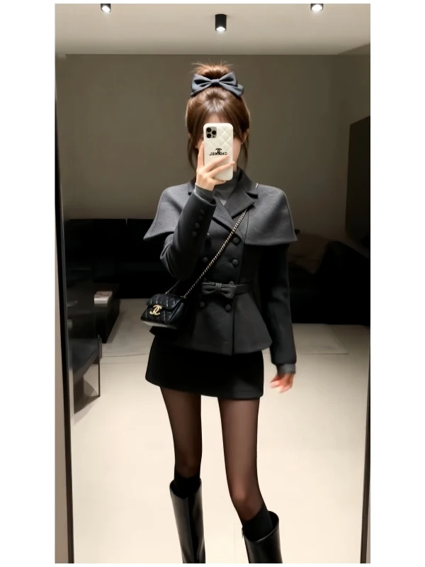 Retro High-End Feeling Set Grey Woolen Cloak Double-Row Button Outerwear Half-Skirt Two-Piece Set Women Fashion Ensemble