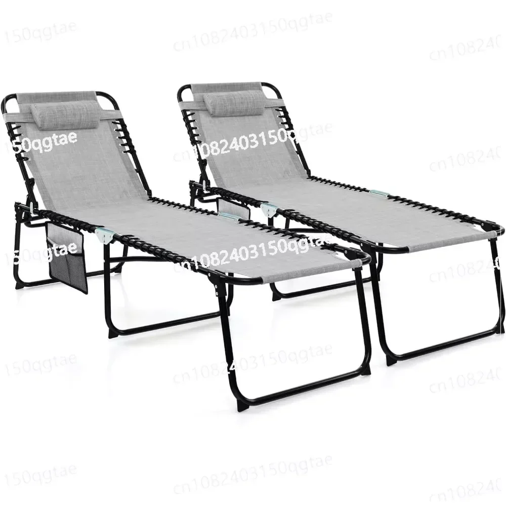 Outdoors Recliners, Outside Set of 2 Folding Tanning Chair W/Headrest, 4 Adjustable Positions, Outdoor Beach Chair