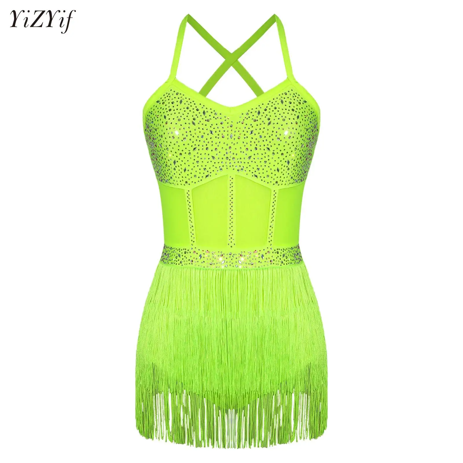 ชุดรัดรูปเต้นลาตินสำหรับผู้หญิง ประดับคริสตัล ชุดเต้นชาช่า แซมบ้า แทงโก้ ผ้าตาข่าย แต่งพู่ห้อย ชุดบอดี้สูทเต้นรำแบบชิ้นเดียว