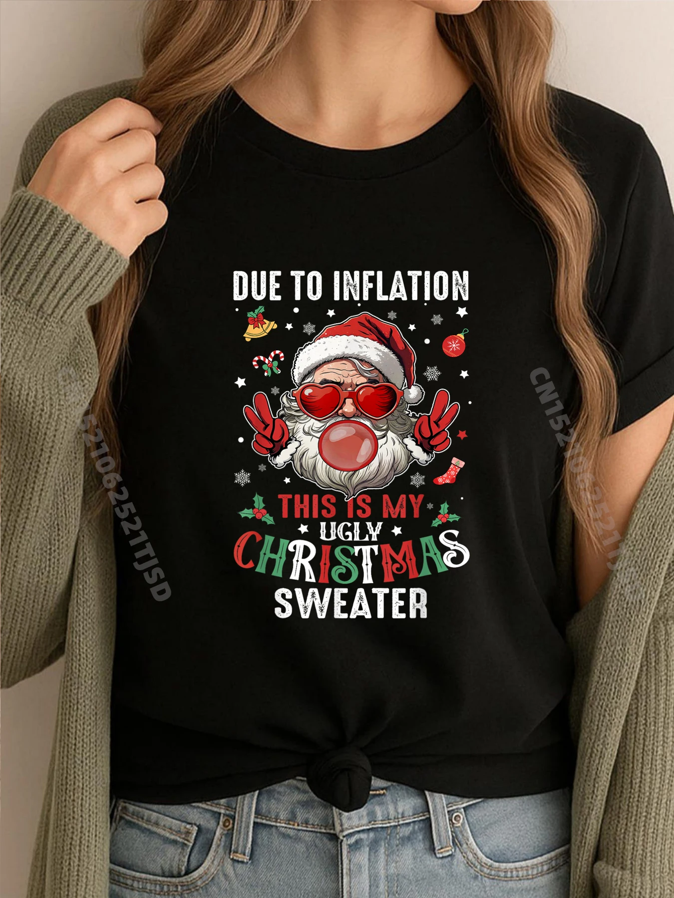 

Due To Inflaation Ugly Christmas Xmas Дизайнерская одежда Женские забавные футболки