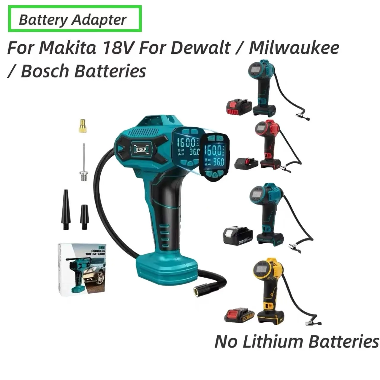 

Cordless Tire Inflator Air Compressor for Makita 18V For Dewalt / Milwaukee / Bosch Battery, Portable Handheld(No Batteries)