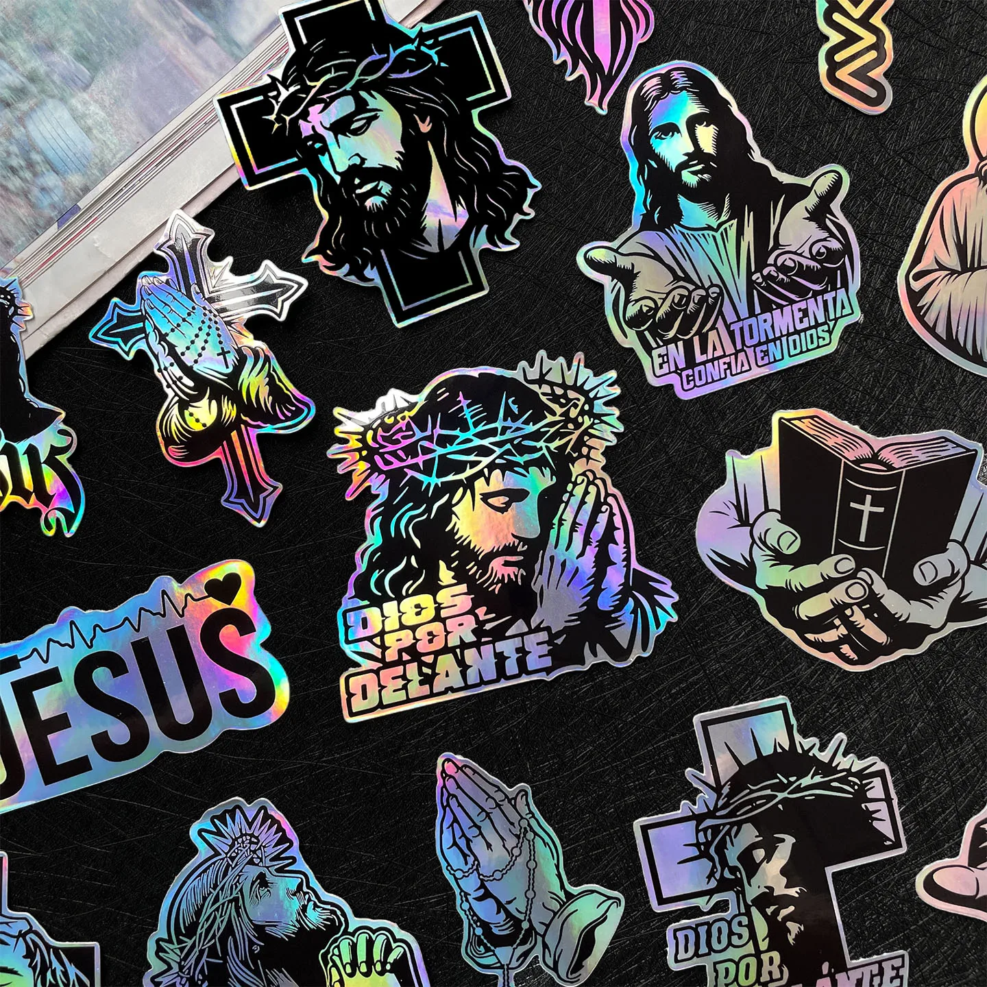 38PCS/Lot Random Jesus Christ God Laser Motorcycle Decal Moto Bike Scooter Body Helmet Car Vinyl Holographic Sticker Accessories
