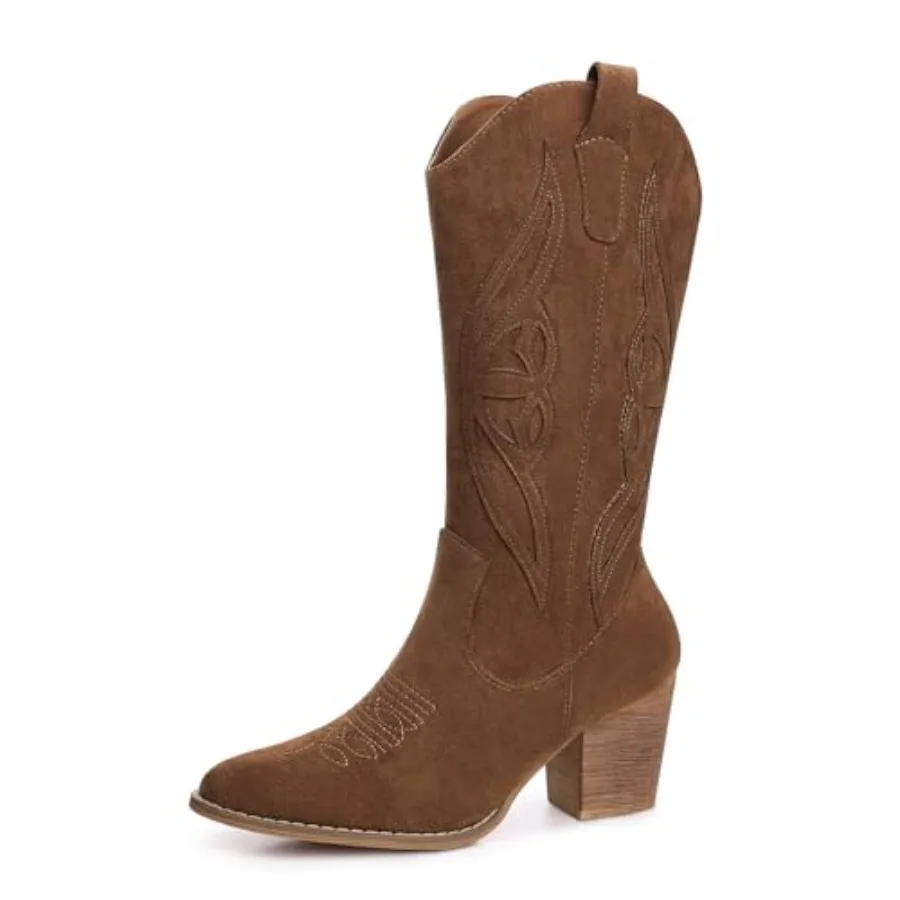 

SHIBEVER Cowboy Boots for Women 2025: Mid Calf Cowgirl Boots Western Embroidered Country High Heel Pointed Toe Booties